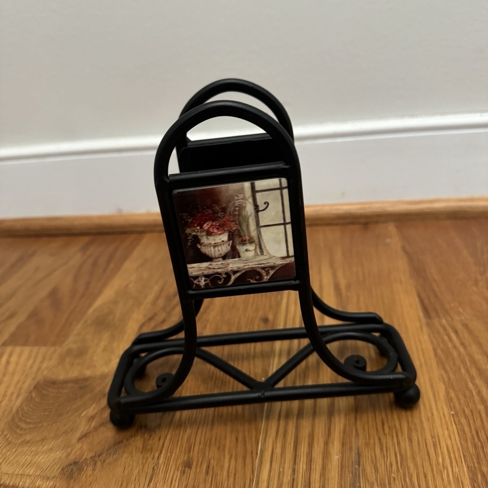 Black Iron? Metal Napkin Holder/Paper Organizer Tuscan-Style Inset Floral Tile